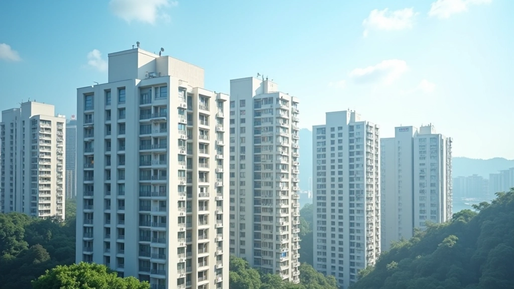 Hong Kong residential building exterior with multiple apartment windows, modern urban architecture, daytime lighting
