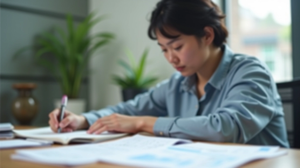 Person writing expense amounts in notebook while reviewing bills and receipts