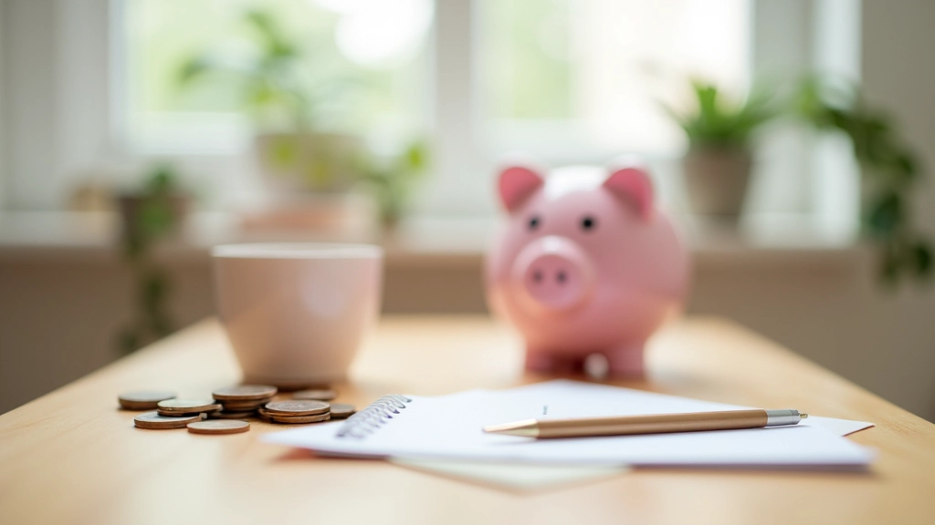 Piggy bank on desk next to savings journal and coins scattered around